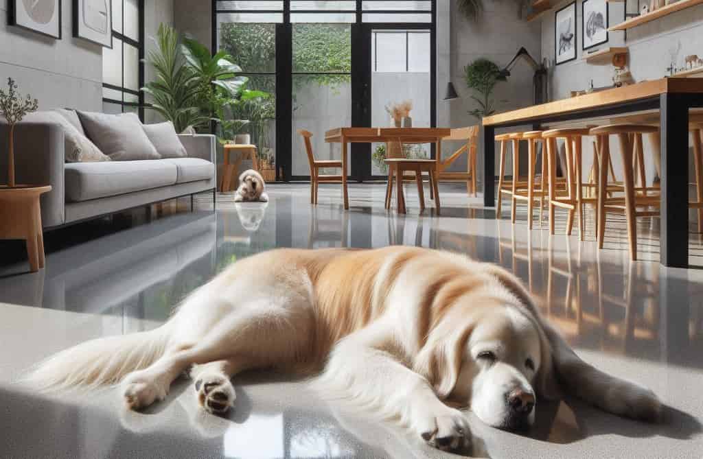 Epoxy coated and simple designed floor of a home with a pet dog sleeping over there
