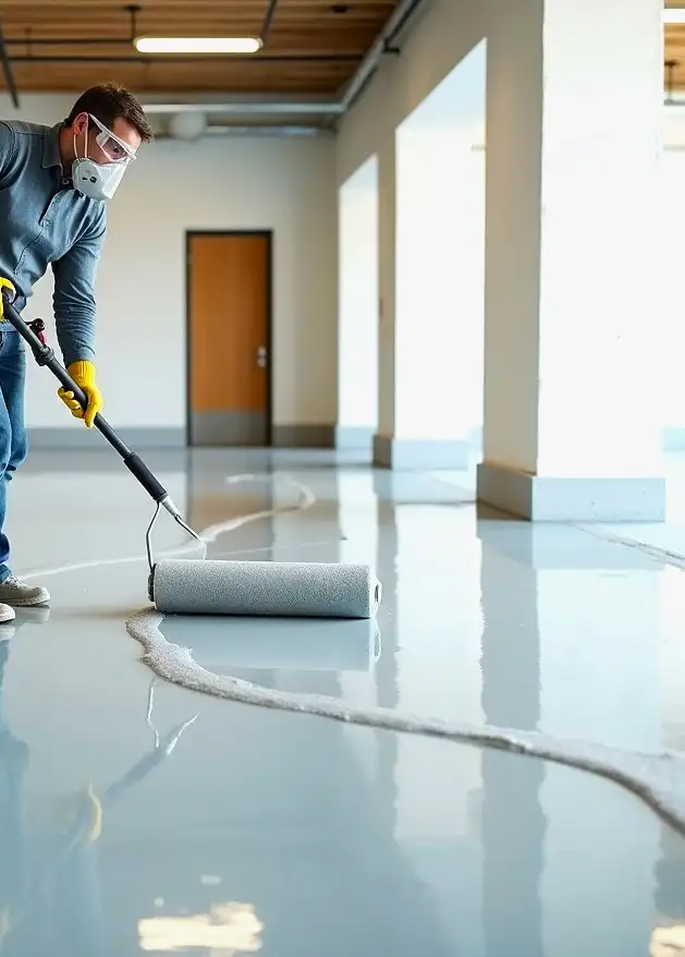 Installing Epoxy Flooring by A Worker Wearing Mask